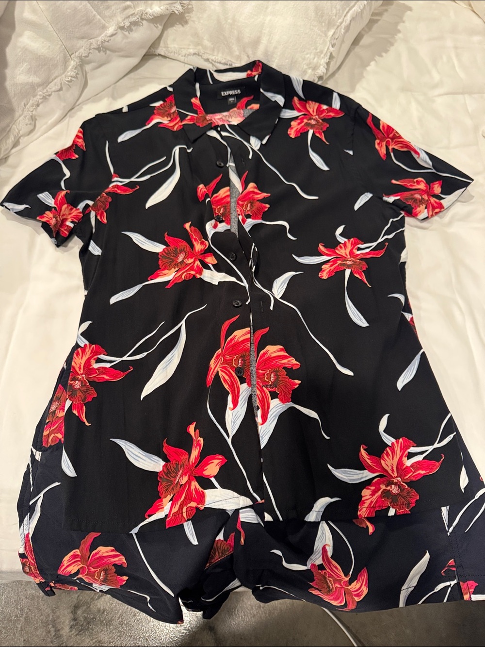 Express Black Button-Down Shirt and swim trunks with Red Floral Print